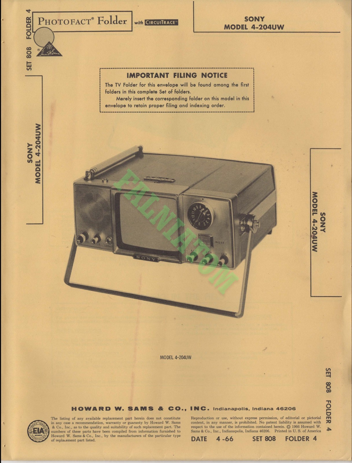 PhotoFact - Set 808 - Folder 4 - SONY Model 4-204UW - 20 Pages