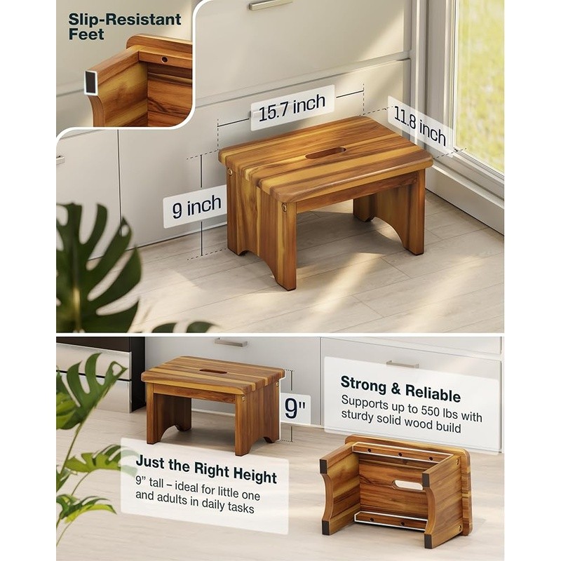 Wooden Step Stool 9 Inch Heavy Duty Non-Slip Portable Acacia Storage Step Stool