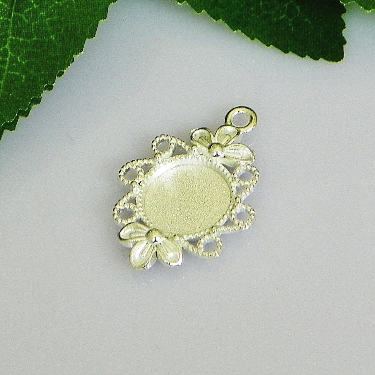 12mm Round Silver Plated Flower Style Cabochon (Cab) Drop Setting (#SP-A1-40)
