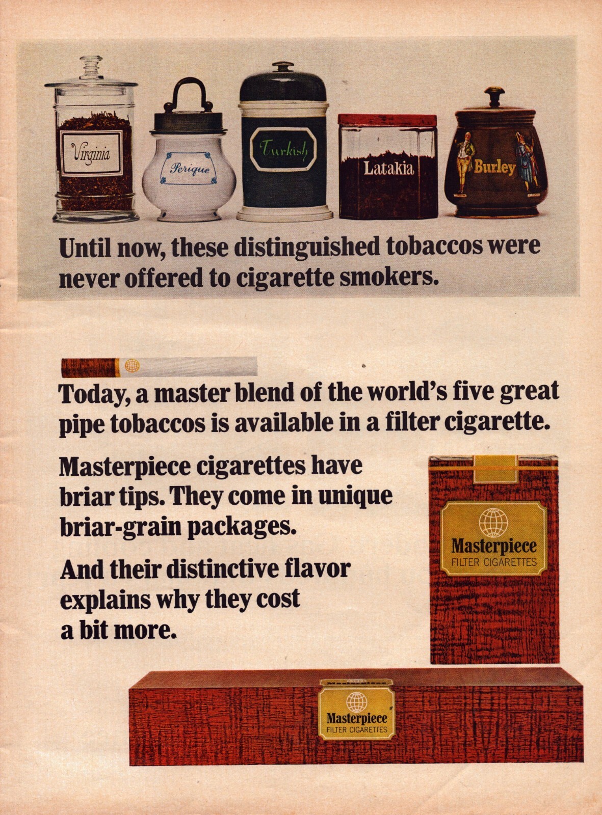 1965 Masterpiece Tobacco Print Ad Master Blend Filter Cigarettes