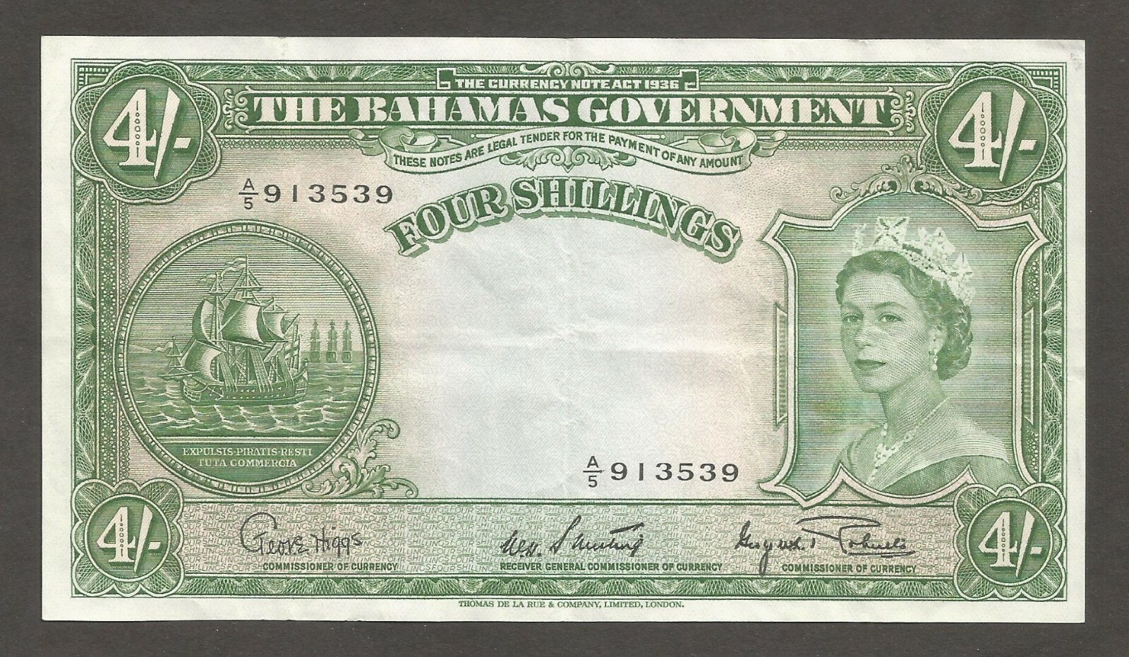 Bahamas 4 Shillings 1936 (1963); VF+; P-13d; BNB-B112d; QEII; Sail ship