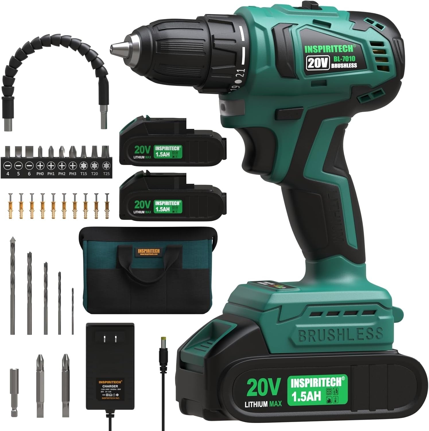 20V Cordless Drill Brushless Power Drill Set with 2 Batteries Eletric Drill