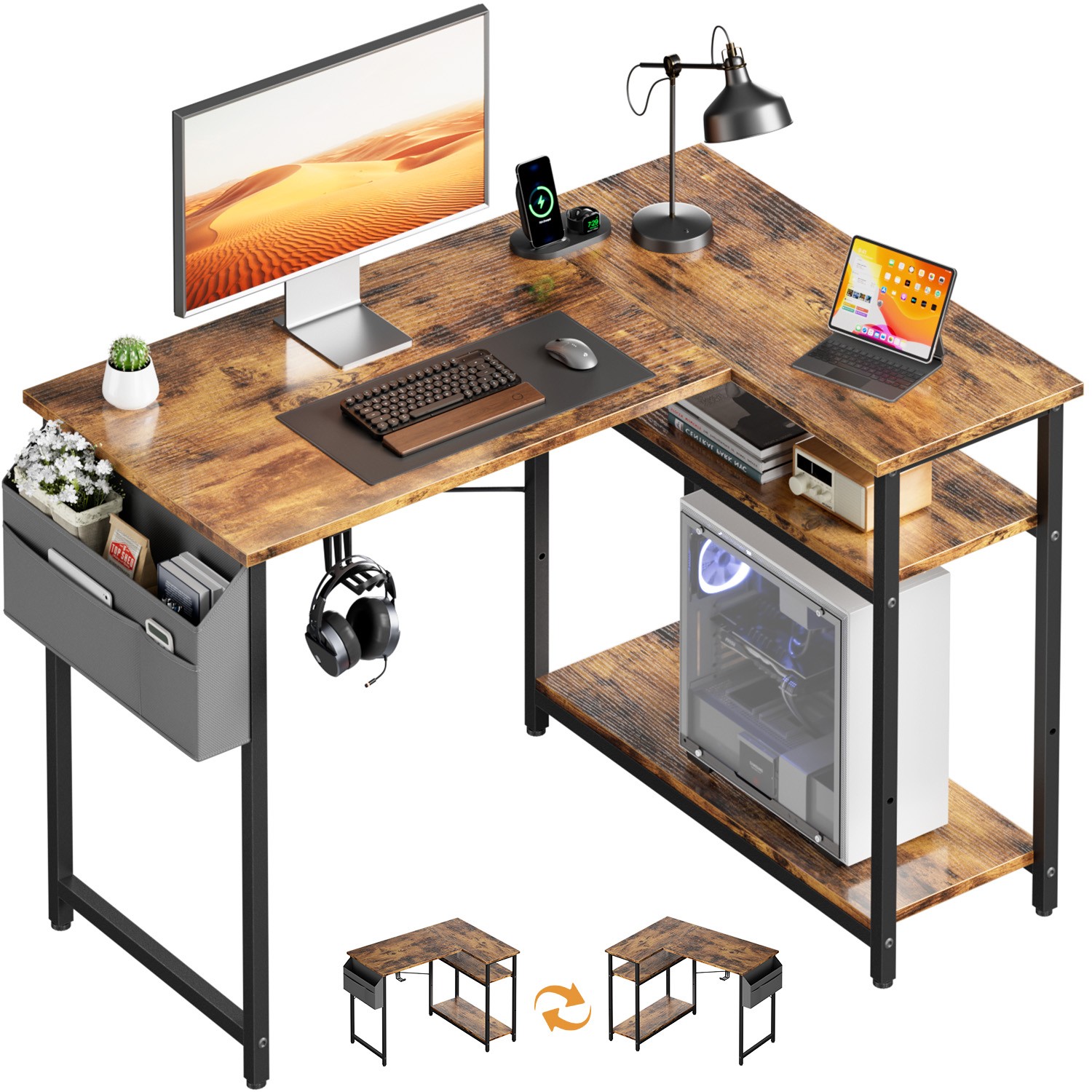 L Shaped Computer Desk with Adjustable Shelves, 43"  Home Office Desk, Brown