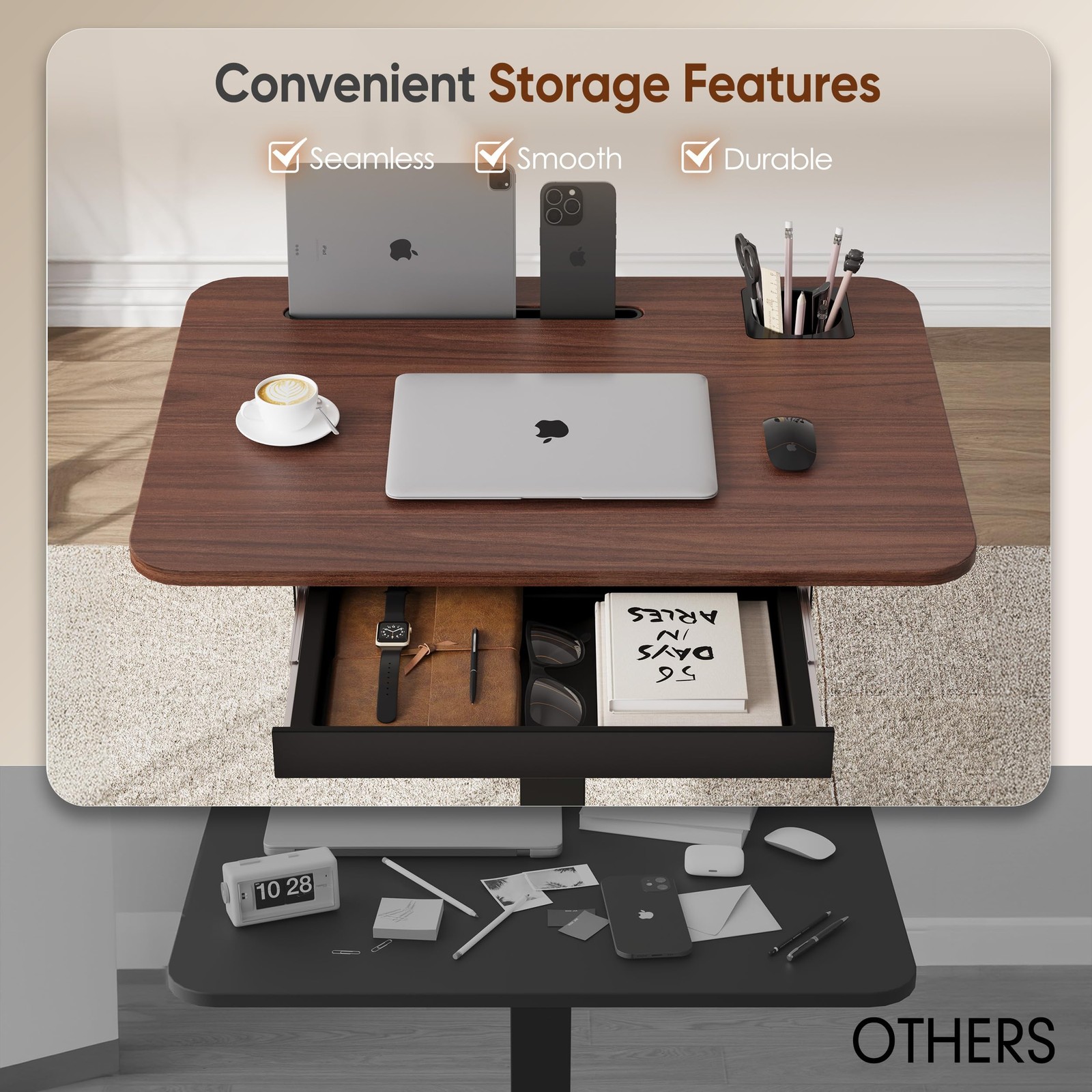 28" Mobile Standing Desk with Drawer,Height Adjustable,Walnut