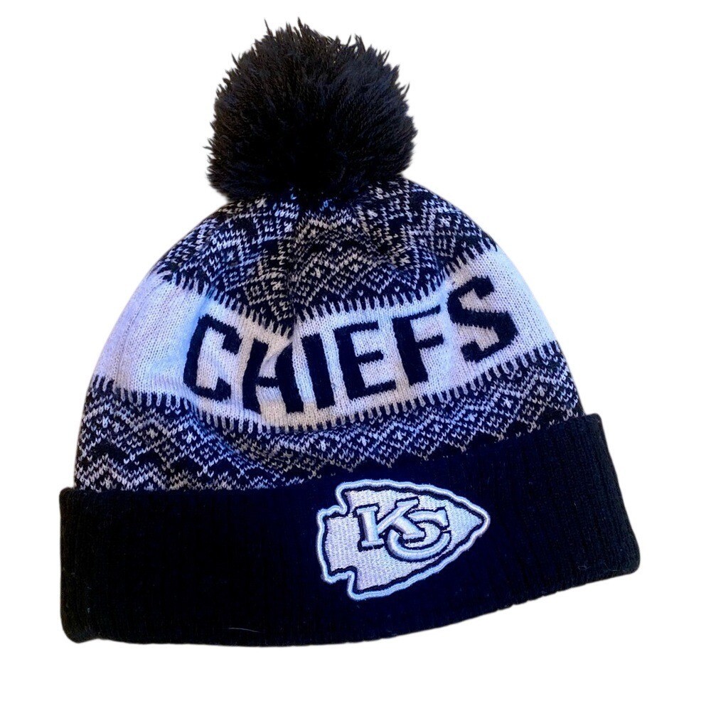 NFL Black/White New Era Kansas City Chiefs Football Logo Cuffed Pom Winter Hat