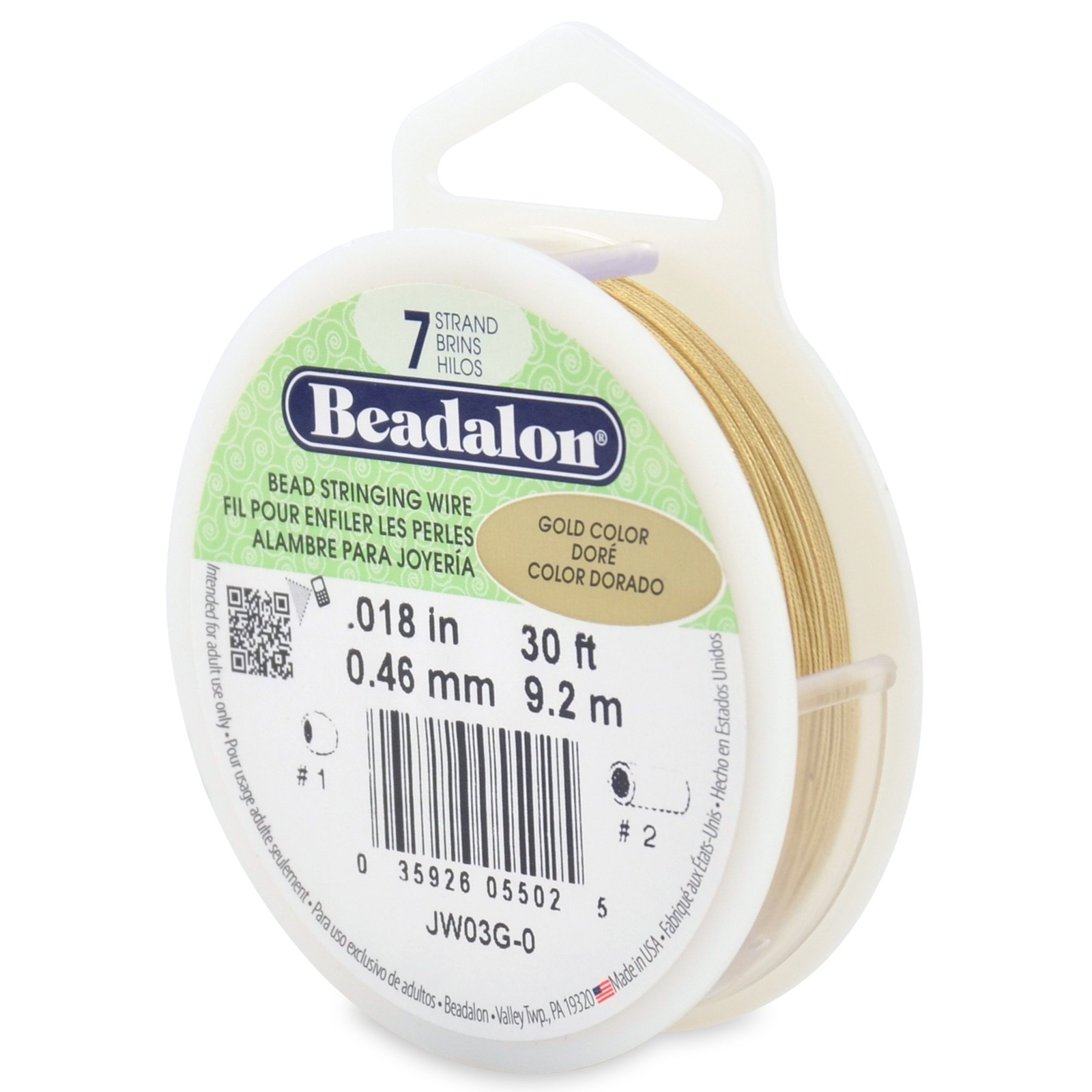 7 Strand Bead Stringing Wire, 0.018 in / 0.46 mm, Gold Color, 30 ft / 9.2 m
