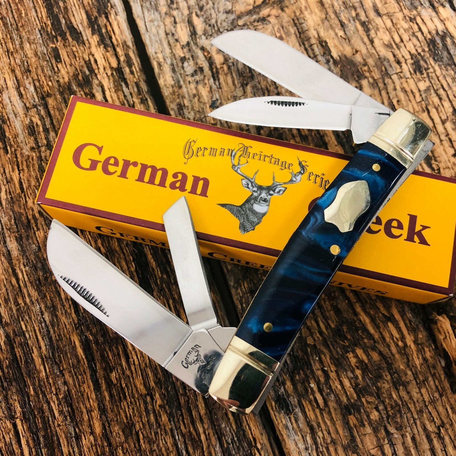 GERMAN CREEK 3 5/8" Congress Pocket Knife 4 Blades, Brand New BLUE SWIRL