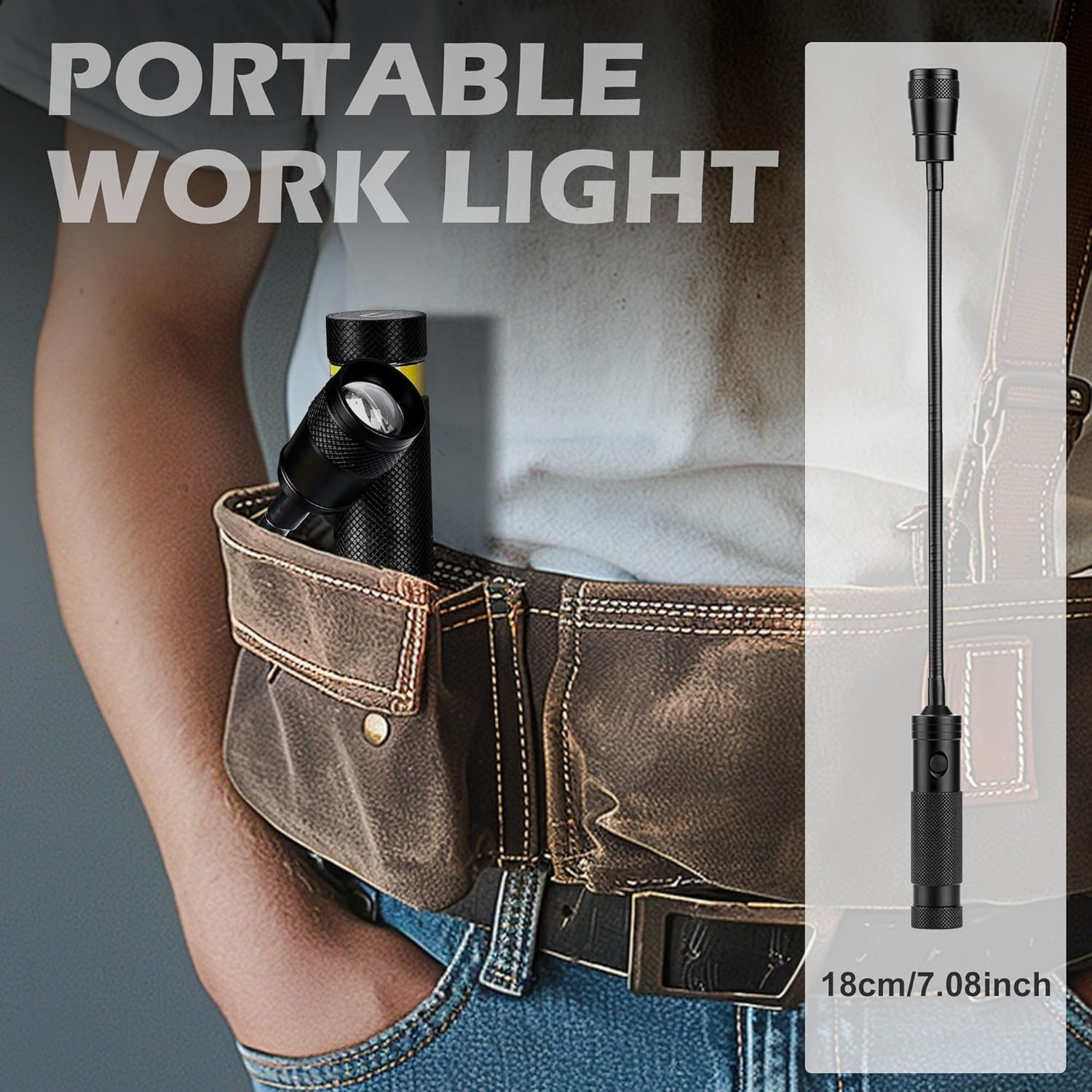 LED Work Light, 500 Lumen Gooseneck Flashlight with Magnetic Base, Zoomable Flex