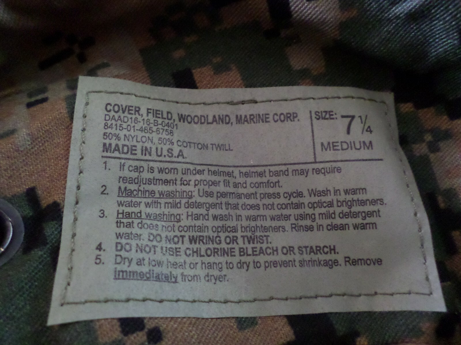 MARINE CORPS BOONIE HAT USMC DIGITAL WOODLAND CAMOUFLAGE MEDIUM 7 1/4 USA MADE