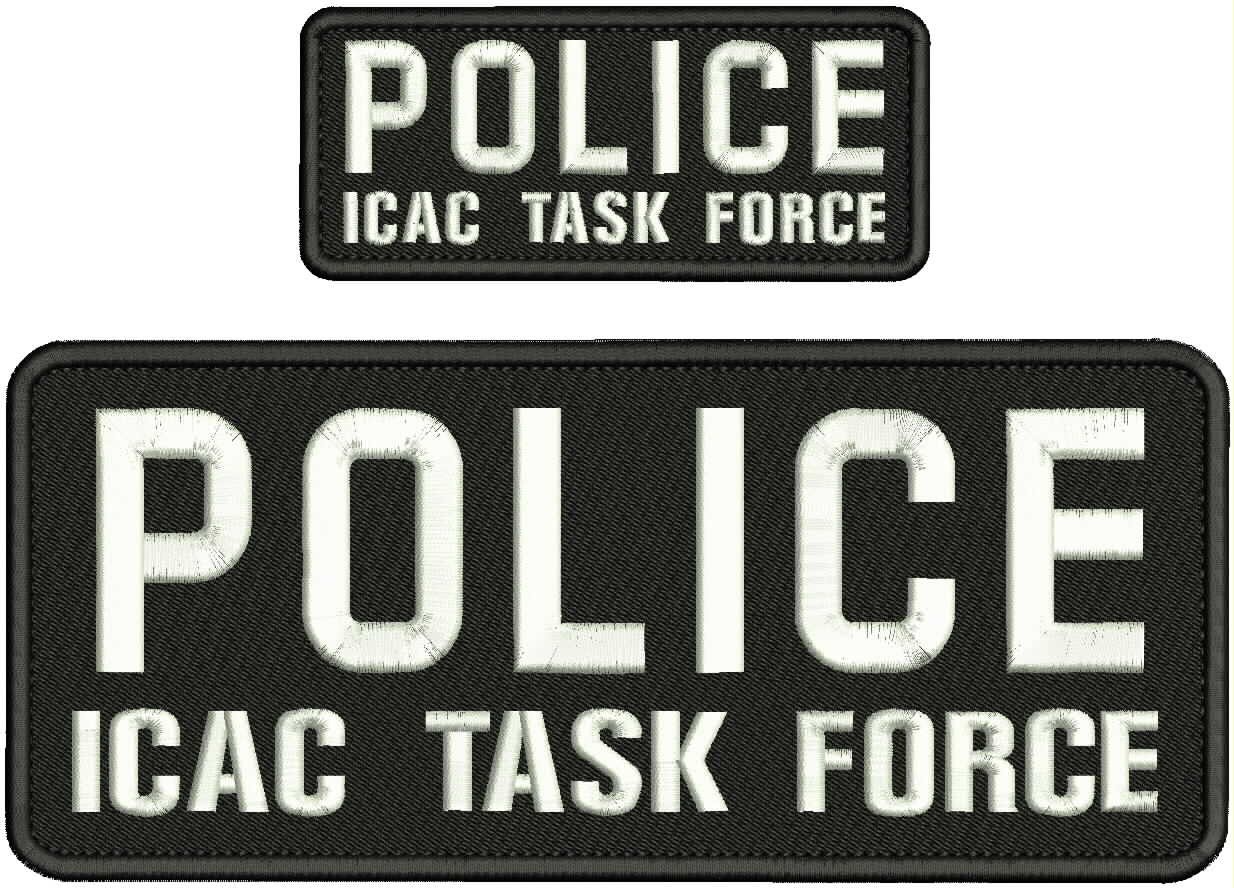 POLICE I C A C TASK F EMB PATCHE 10X4 AND 5X2 HOOK ON BACK white on black