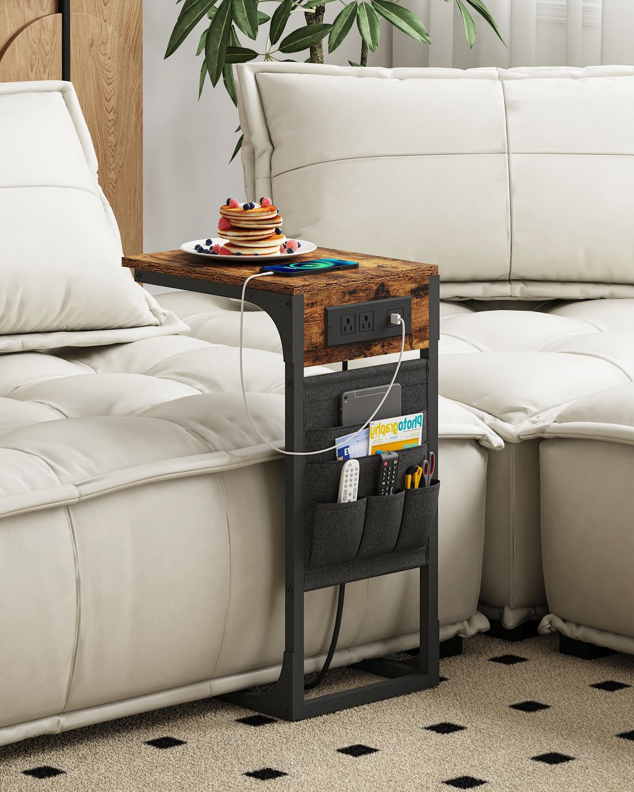 C Shaped End Table with Charging Station, Side Table for Sofa, Couch Table wi...