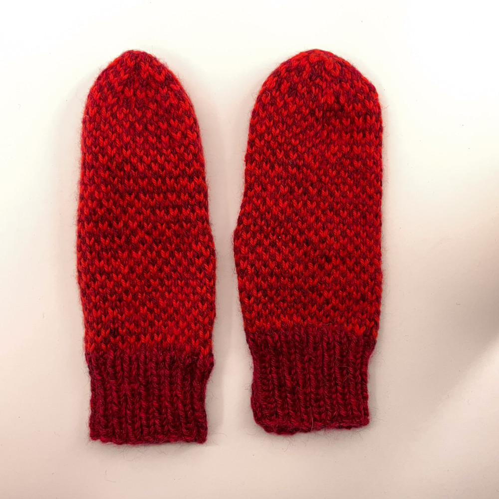 Red pattern home knit winter mittens fisherman style