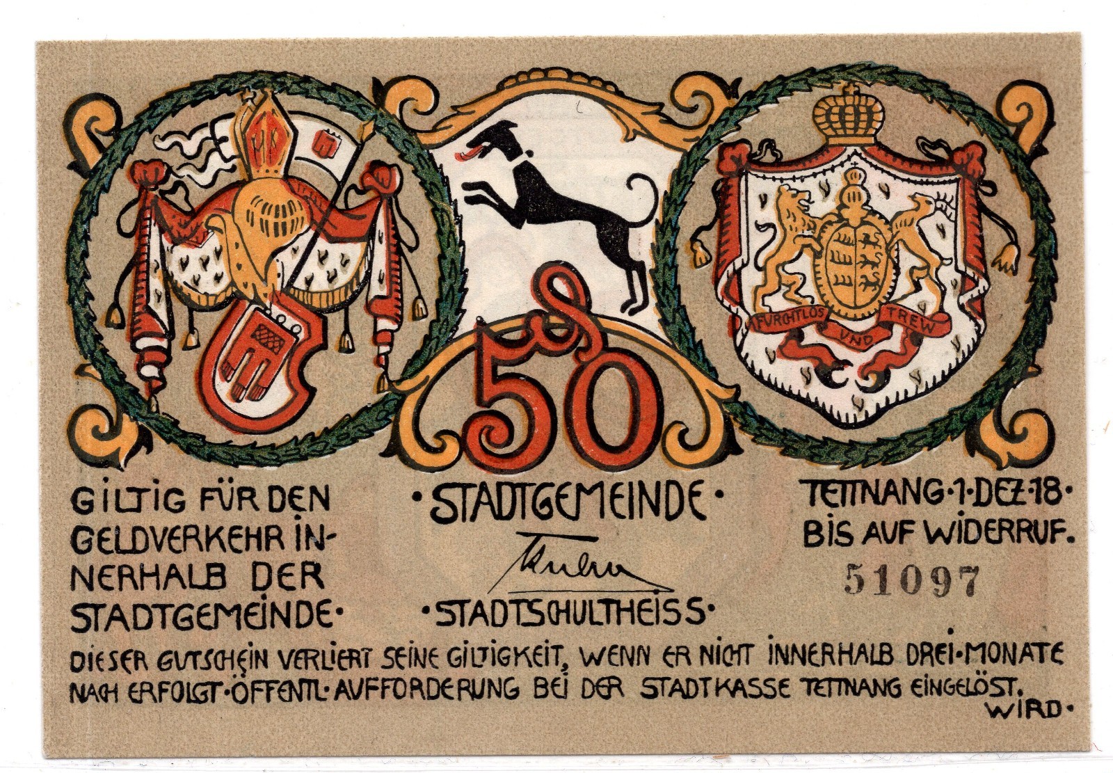 1918 Germany Tettnang Notgeld 50 Pfennig Note (NG292)