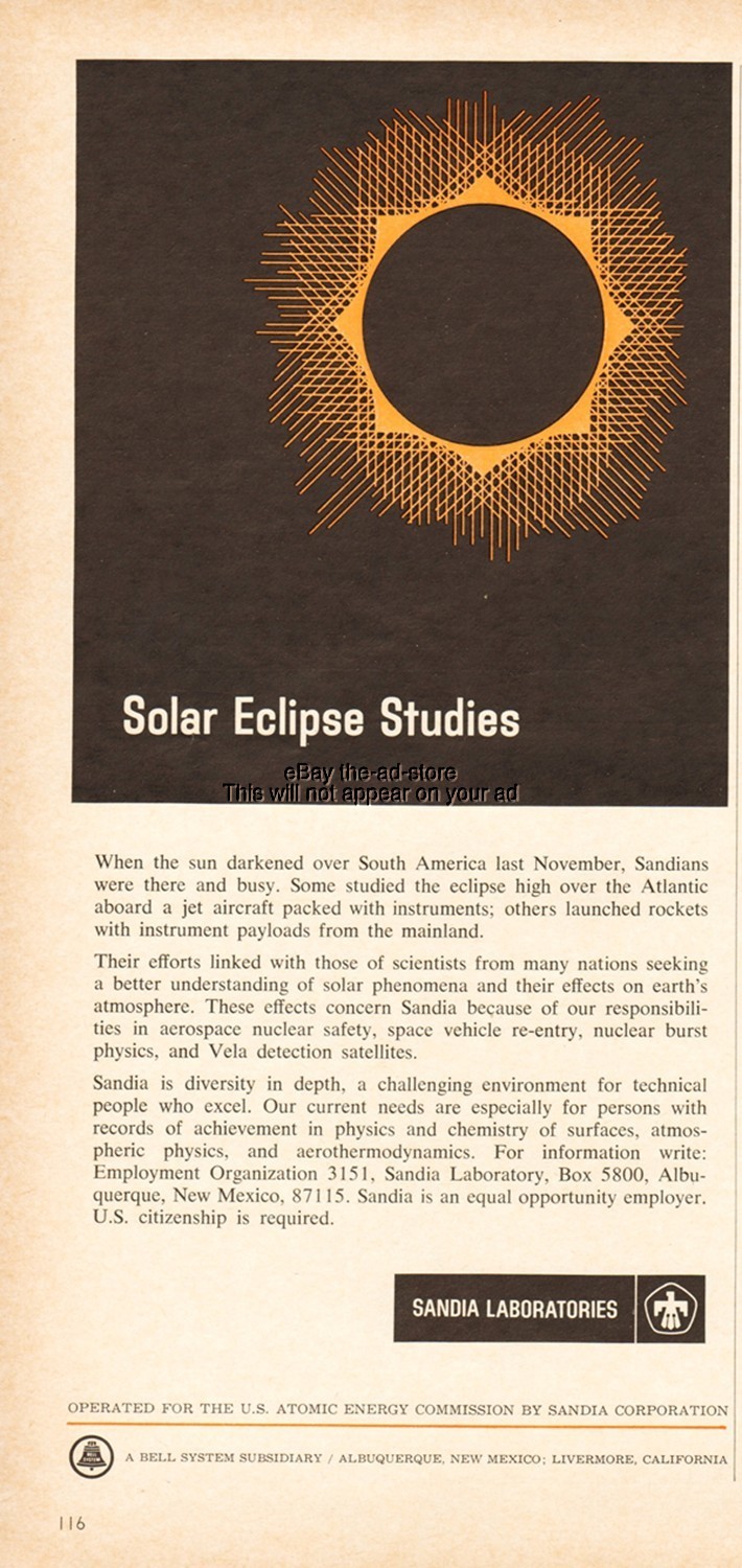 1967 Sandia Laboratories Albuquerque NM Livermore CA Solar Eclipse Studies Ad