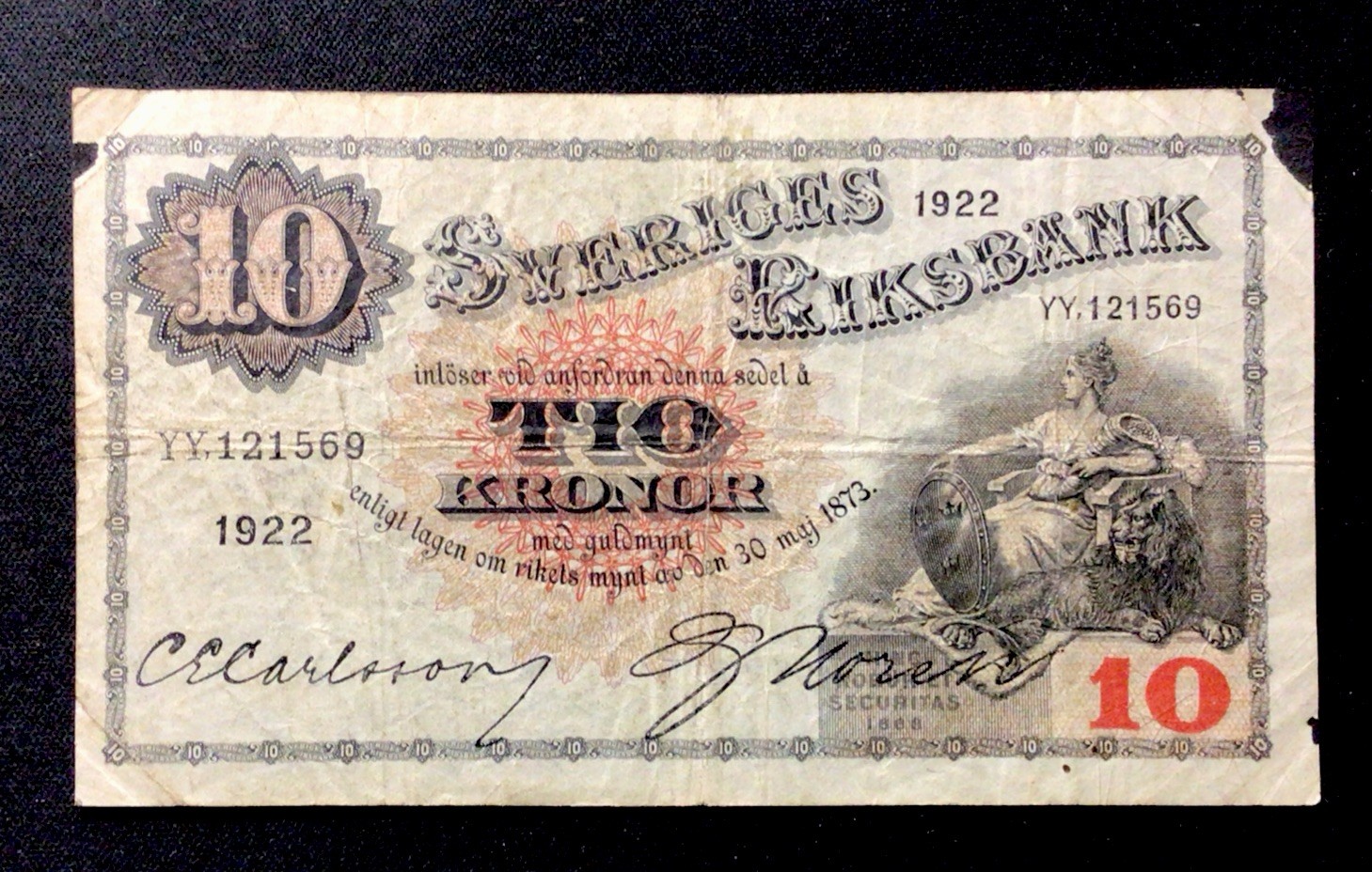 1922 Sweden 10 Kronor Banknote! Nicely Circulated! Black Spots Top Right! ENN