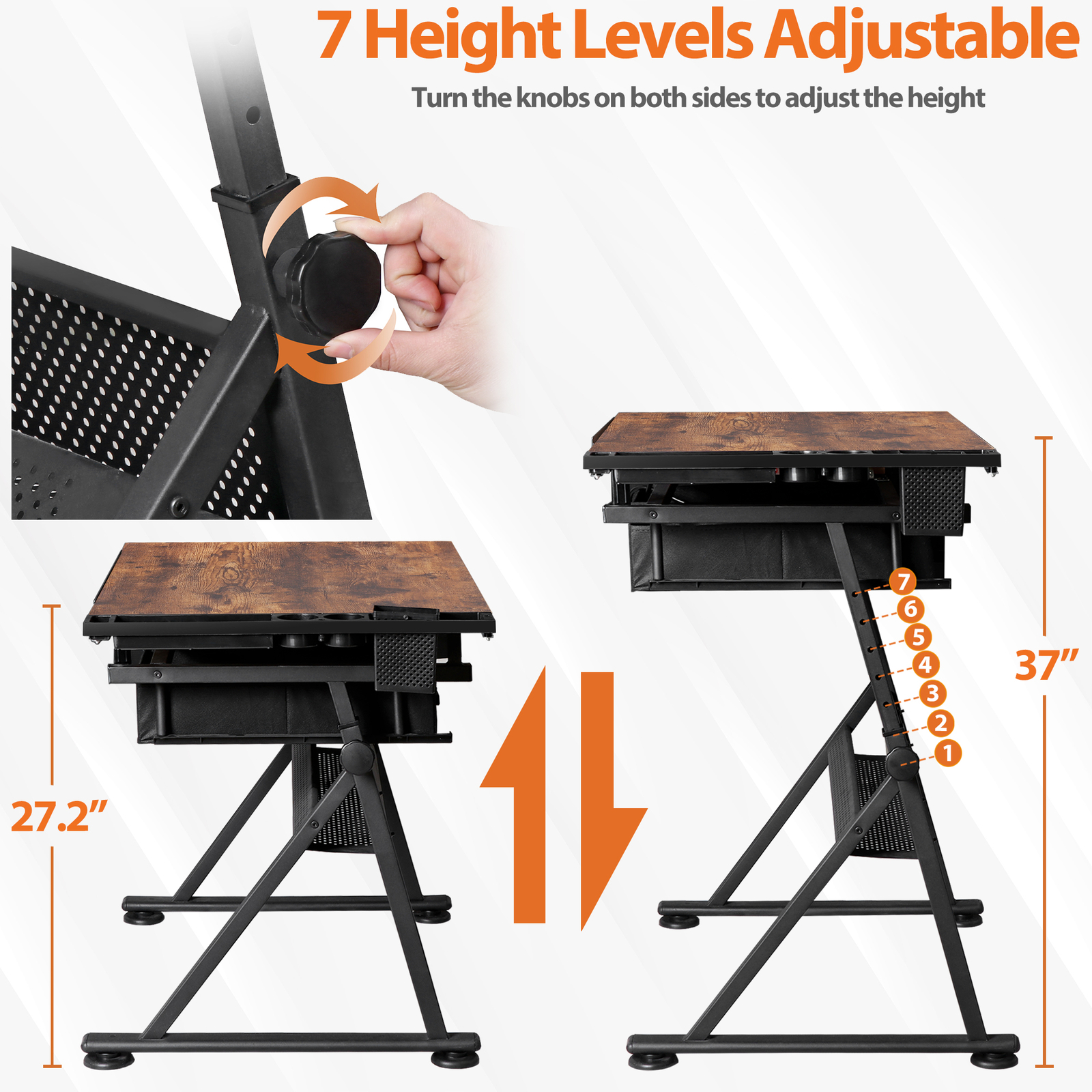 Adjustable Drawing Writing Table Stool w/ 2 Drawers for Artwork Art Desk Retro