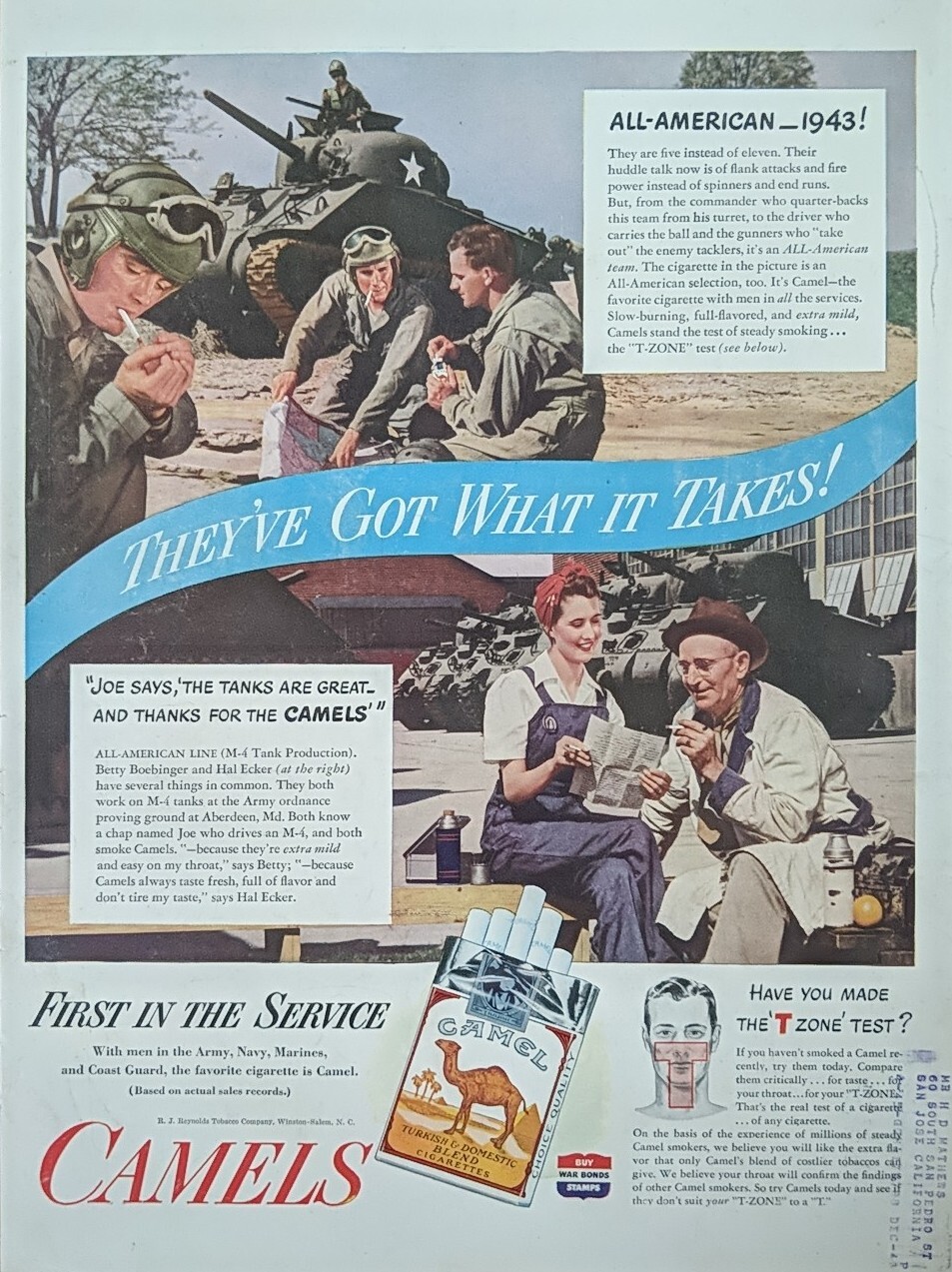 1943 Camel Cigarettes WW2 Tanks Are Great Print Ad.  Allied Forces