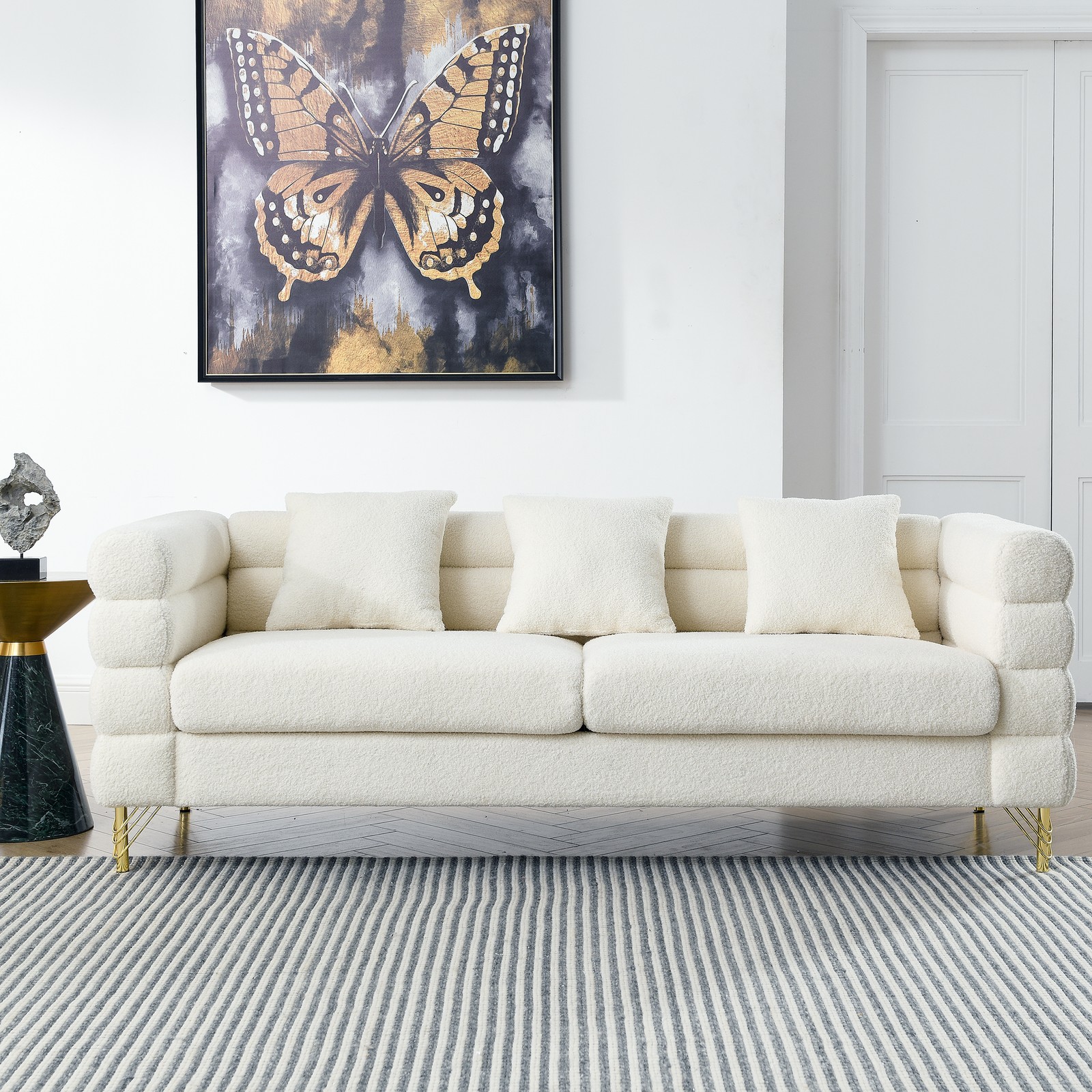 81" Oversized 3 Seater Sectional Sofa, Ivory Fabric, 3 Pillows