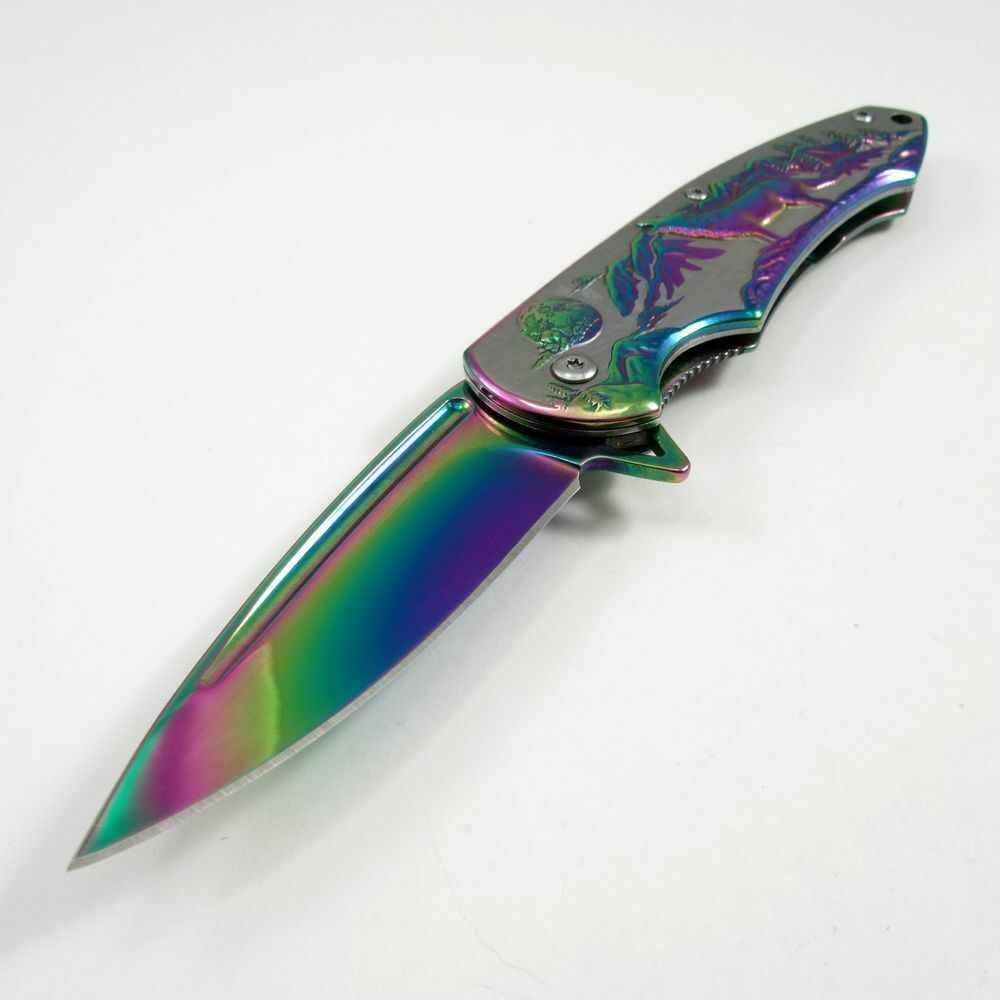 SPRING-ASSIST FOLDING POCKET KNIFE | Rainbow Blade Howling Wolf Tactical Hunter