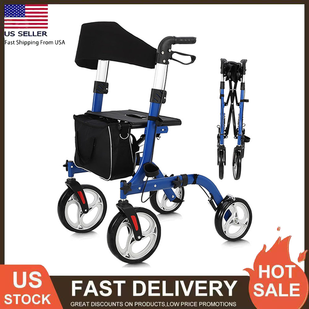 2-in-1 Folding Walker & Transport Chair 330lbs All-Terrain Rollator Walker w/Bag