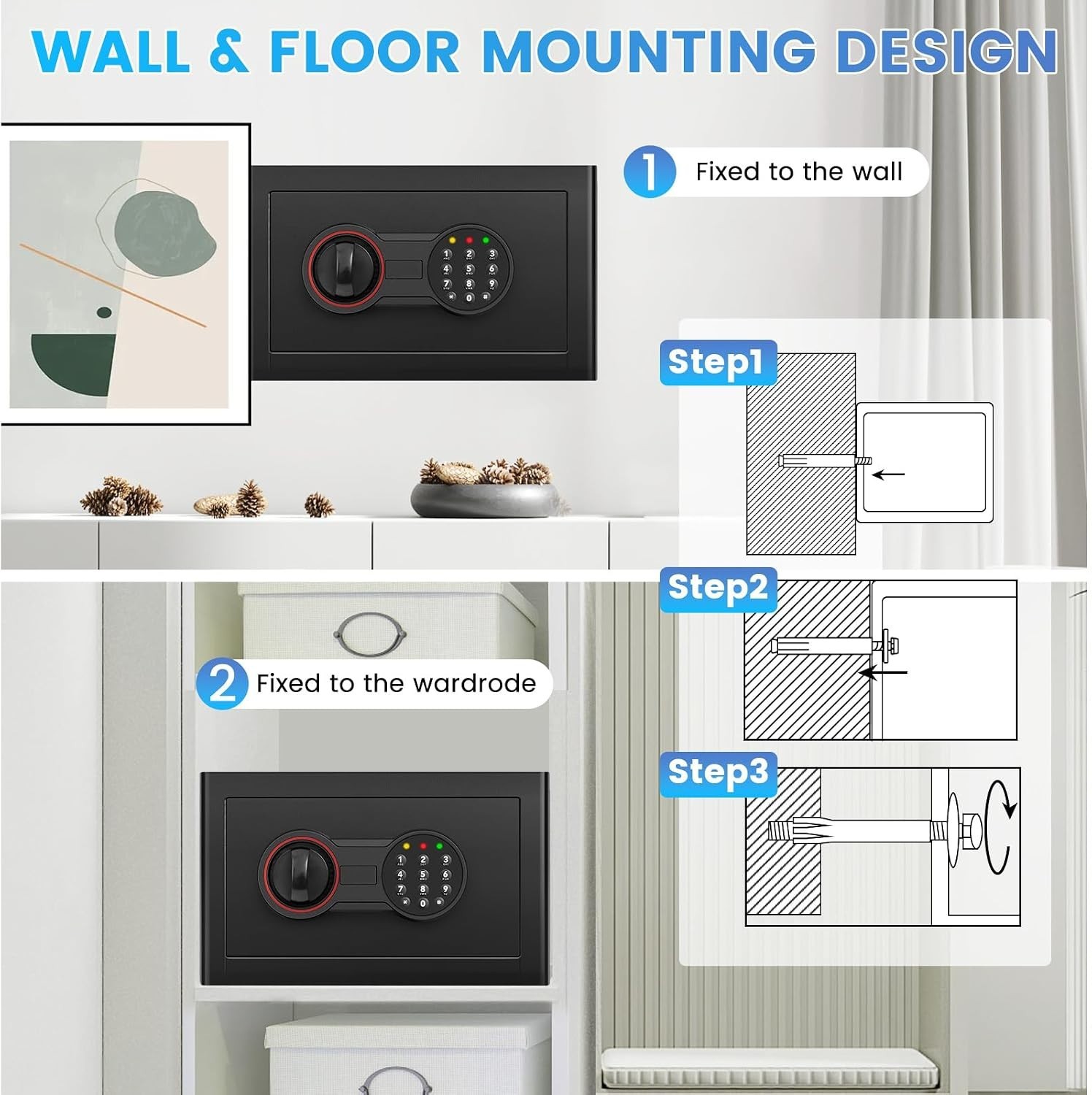 Small Wall Mount Safe with Alarm System and Sensor Light for Enhanced Security