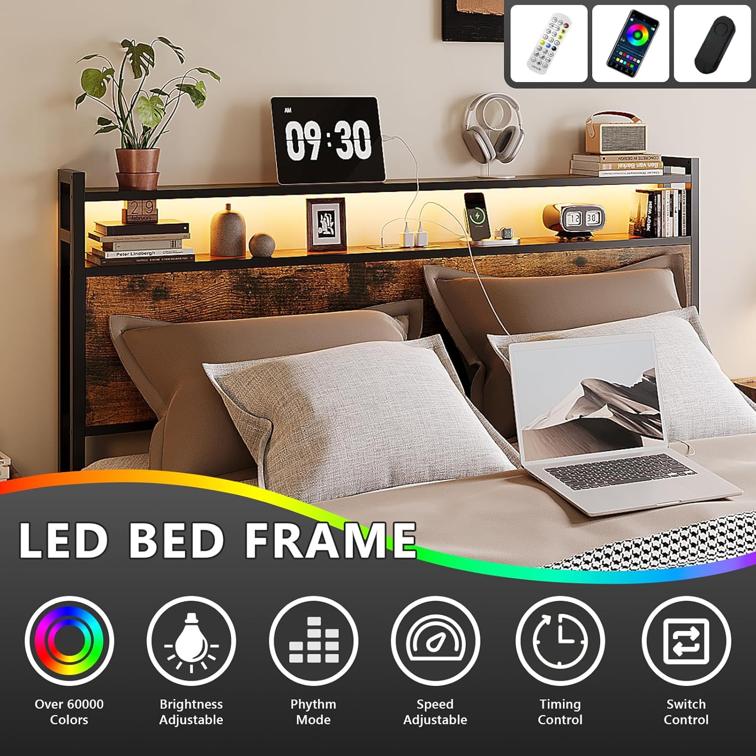 Queen Bed Frame with 4 Storage Drawers and Headboard, Metal Platform Panel Bed w