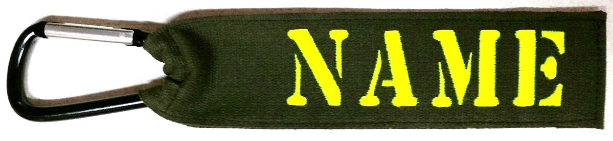 EMBROIDERED GEAR/LUGGAGE TAG -STENCIL FONT- 2 X 8 INCH WITH CARABINER  YOUR NAME