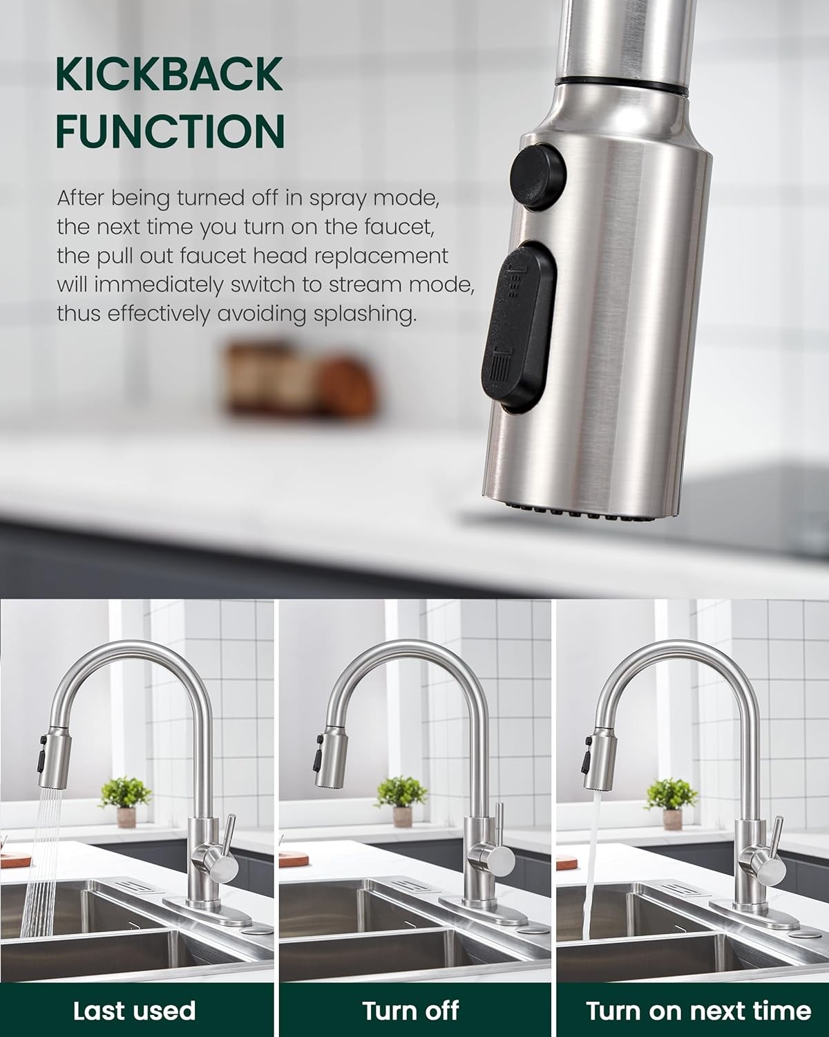 Pull Down Faucet Head Replacement with 15 Adapters, 3 Function Spray Nozzle