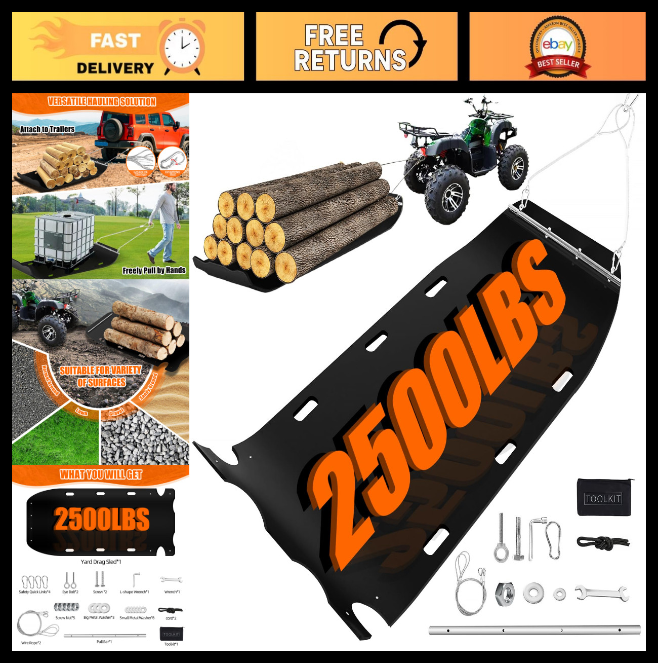 47" x 110" Heavy Duty Yard Drag Sled - Thickened HDPE, Pull Cables, Multipurpose
