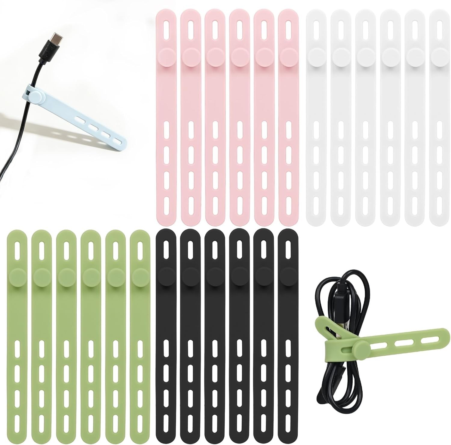 24Pcs Silicone Cable Ties - Reusable & Washable with Locking Buckles, Adjustable