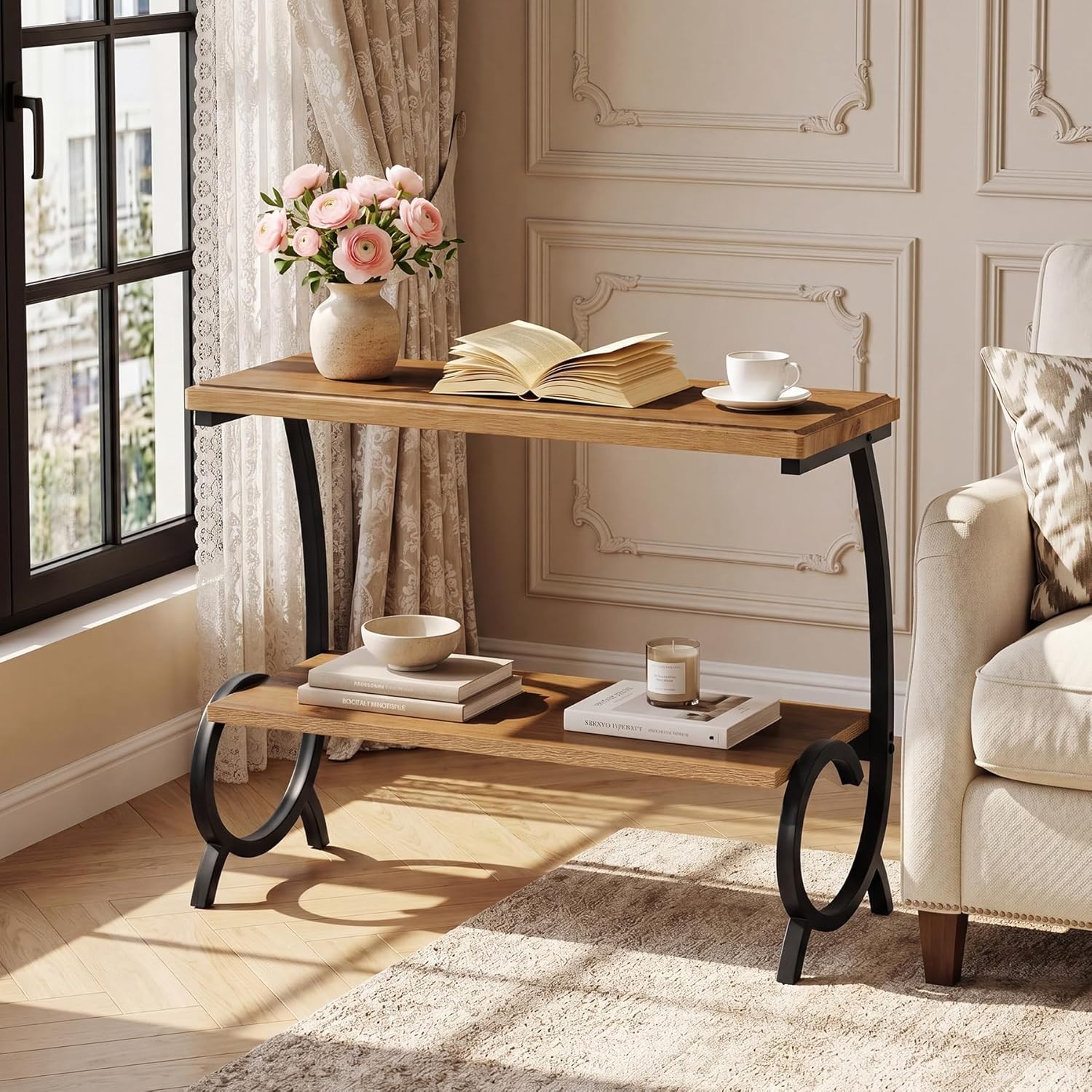 2-Tier End Table Modern Narrow Side Table w/ J-Shaped Metal Legs for Living Room