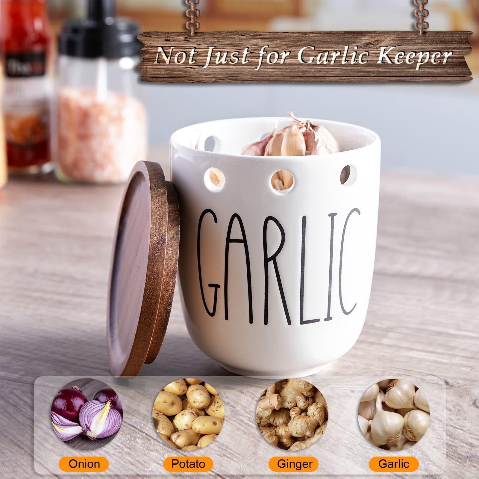 DAYYET Garlic Keeper for Counter, Ceramic with Large, White