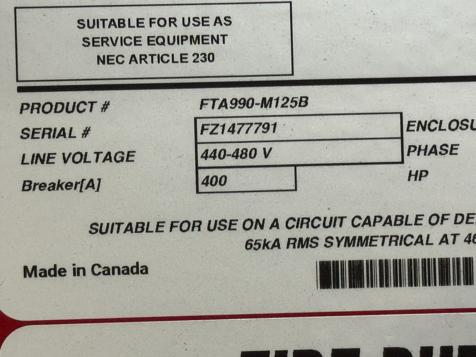 firetrol FTA990-M125B Fire Pump Controller Disconnect 125HP 3PH
