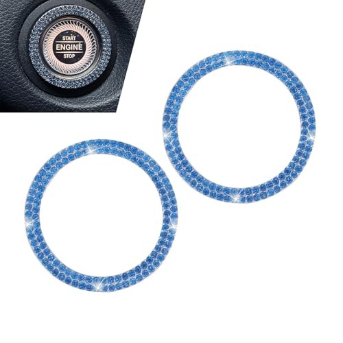 2PCS Push Start Button Ring,Bling Rhinestone Car Engine Start Stop blue-2