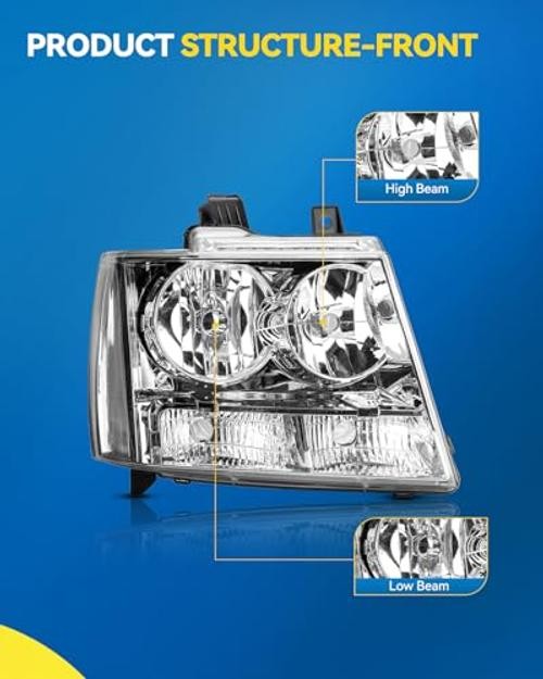 Headlight Assembly, Chrome Headlights Replacement Compatible with 2007-2013