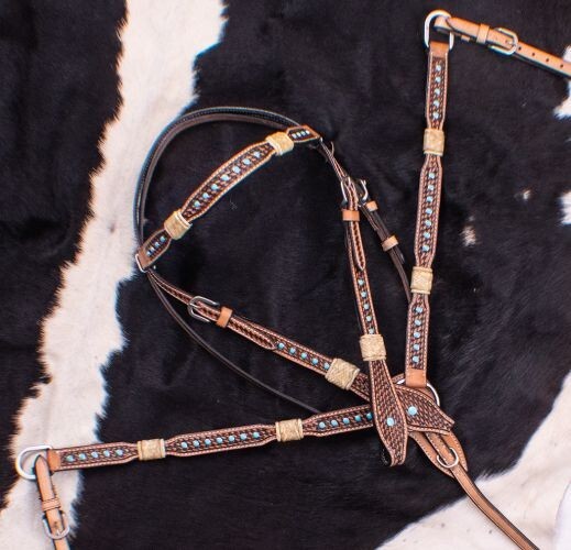 Rawhide Braided with Turquoise Studs Headstall & Breast Collar & Reins NEW