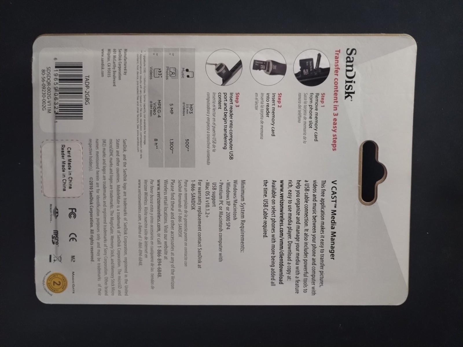 Verizon SanDisk 2GB Memory Card & MobileMate Micro Memory Card Reader NEW