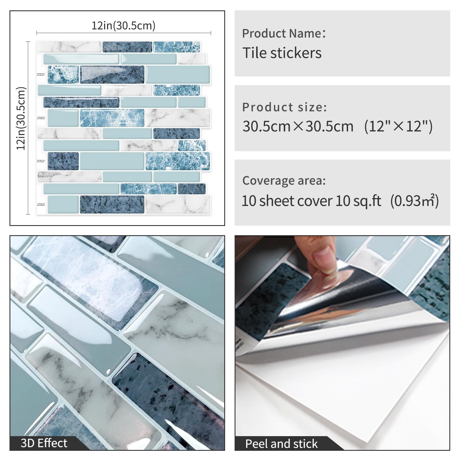Peel and Stick Backsplash 3D Self Adhesive Wall Tile Blue 10 Sheet