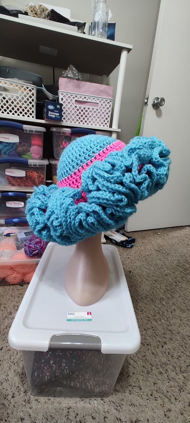 Handmade Crocheted Blue and Pink Ruffled Hat Handcrafted Soft Yarn Unique Design