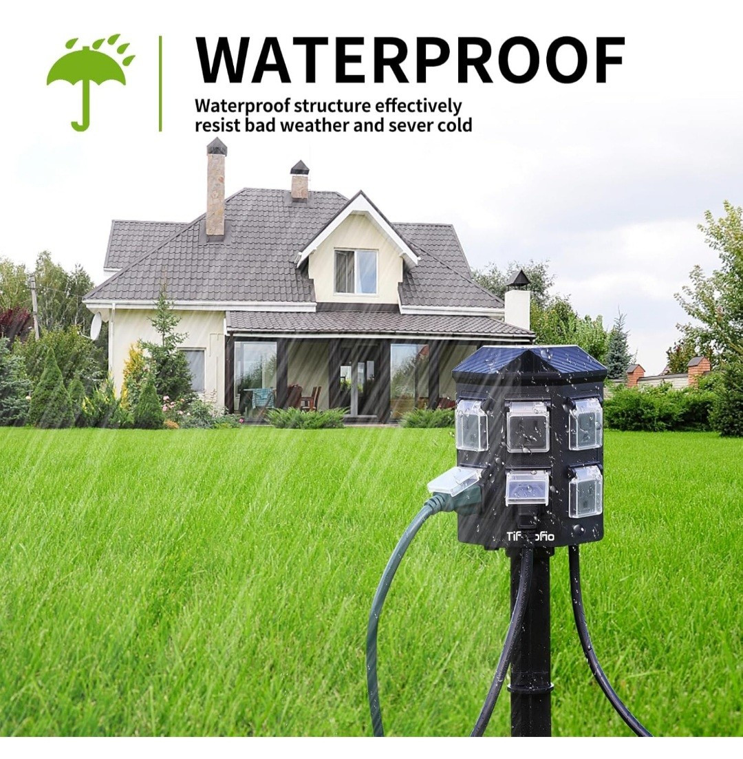 Tiffcofio Outdoor Light Sensor Power Stake Timer Waterproof 6Ft Cord 6 Outlets