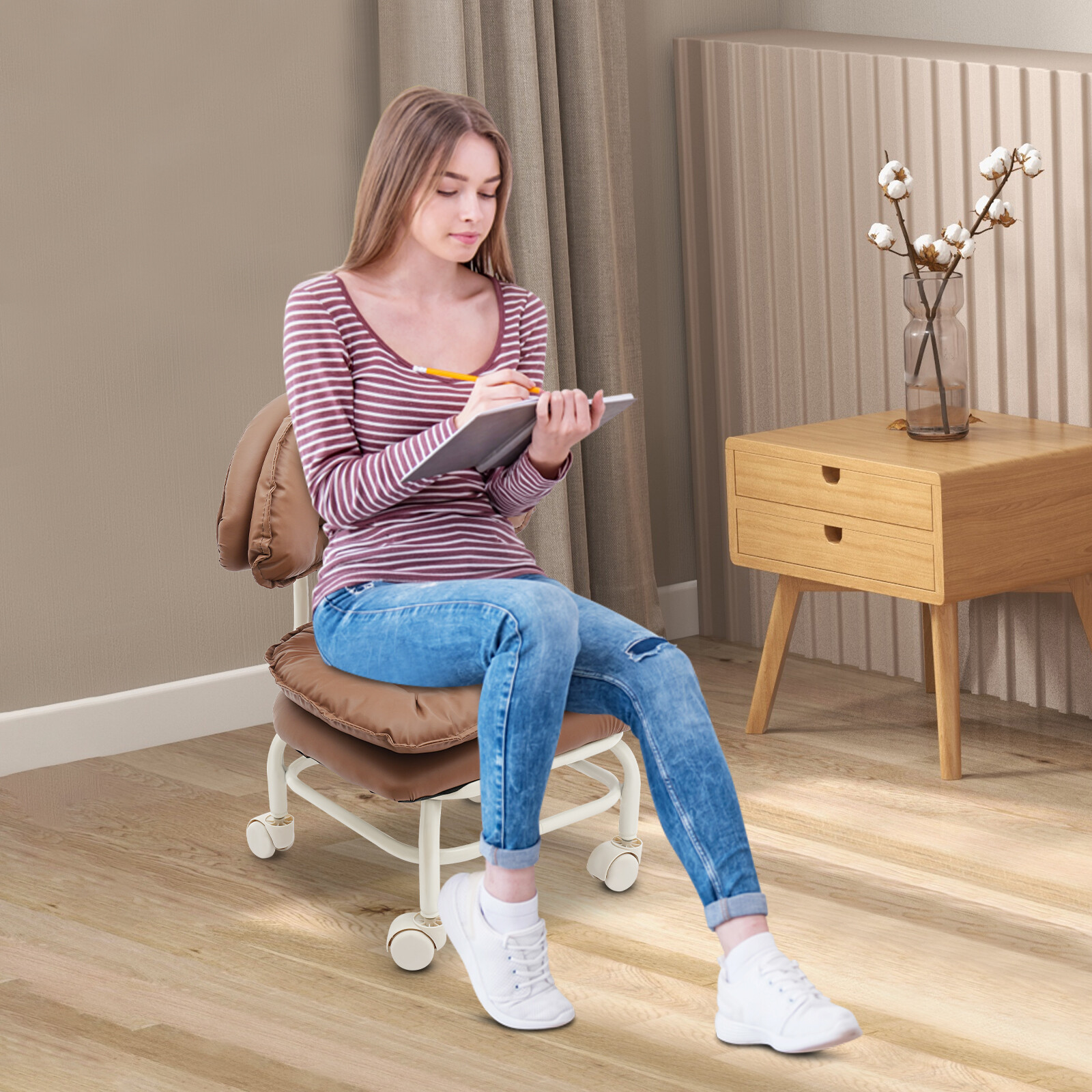 Brown Rolling Stool with Back Rest Heavy Duty Rolling Stool Roller Chair