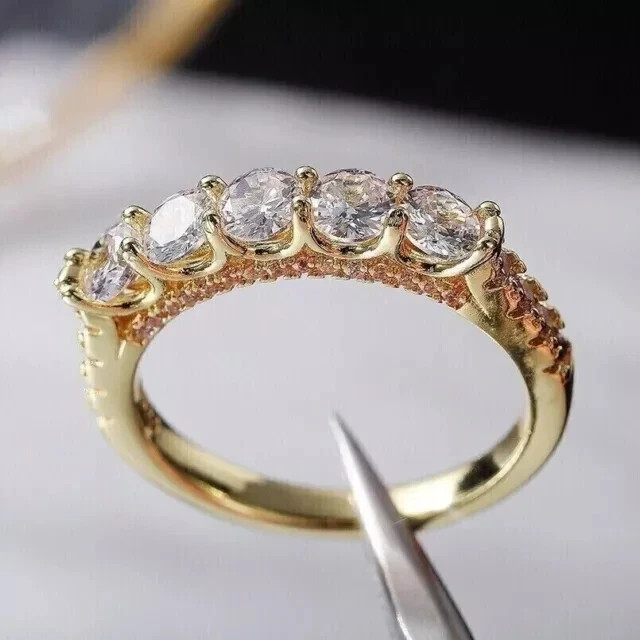 2Ct Round Cut VVS1 Moissanite Five Stone Engagement Ring 14k Yellow Gold Plated