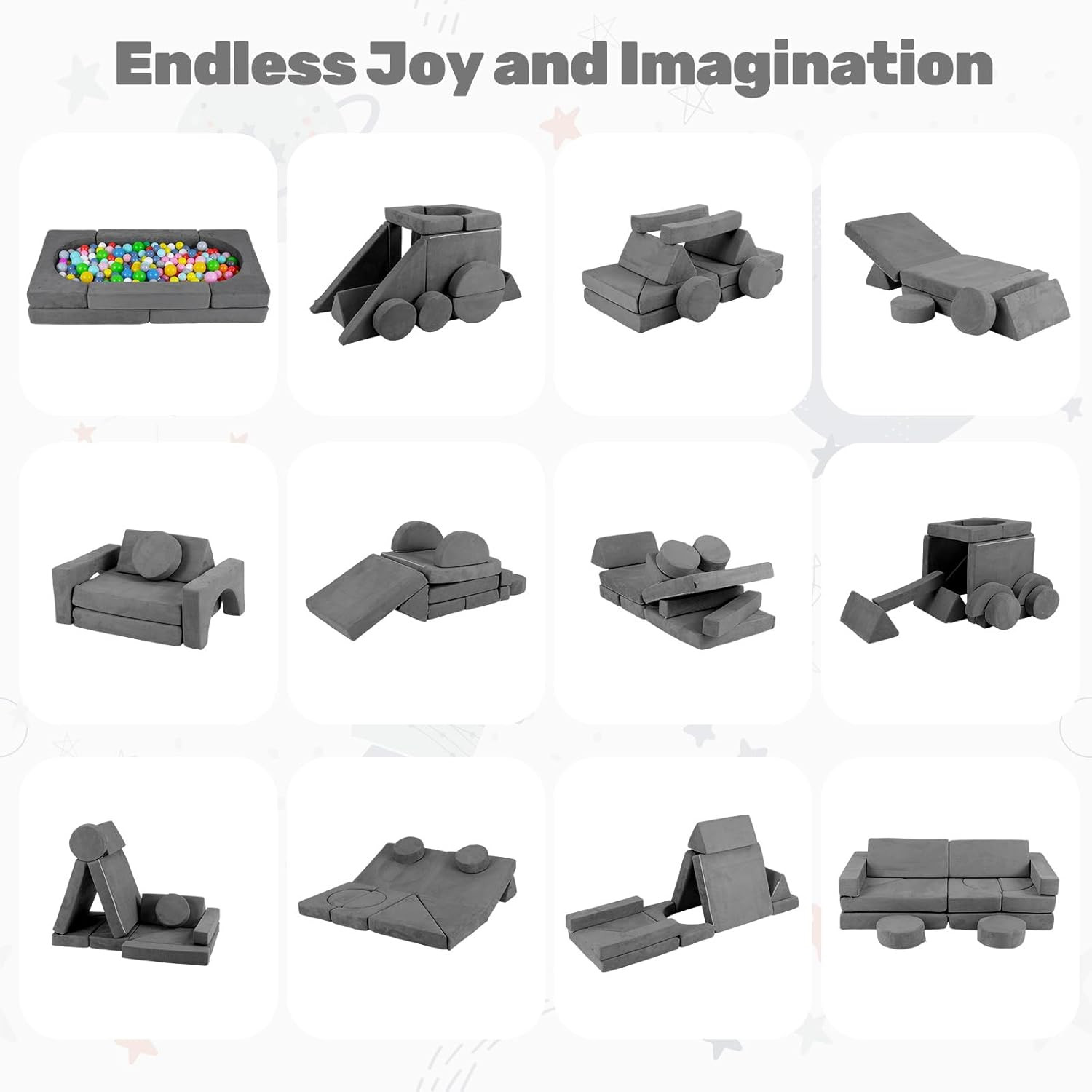 Modular Kids Play Couch - 13 PCS Soft Foam Sofa for Creative Play & Forts (Grey)