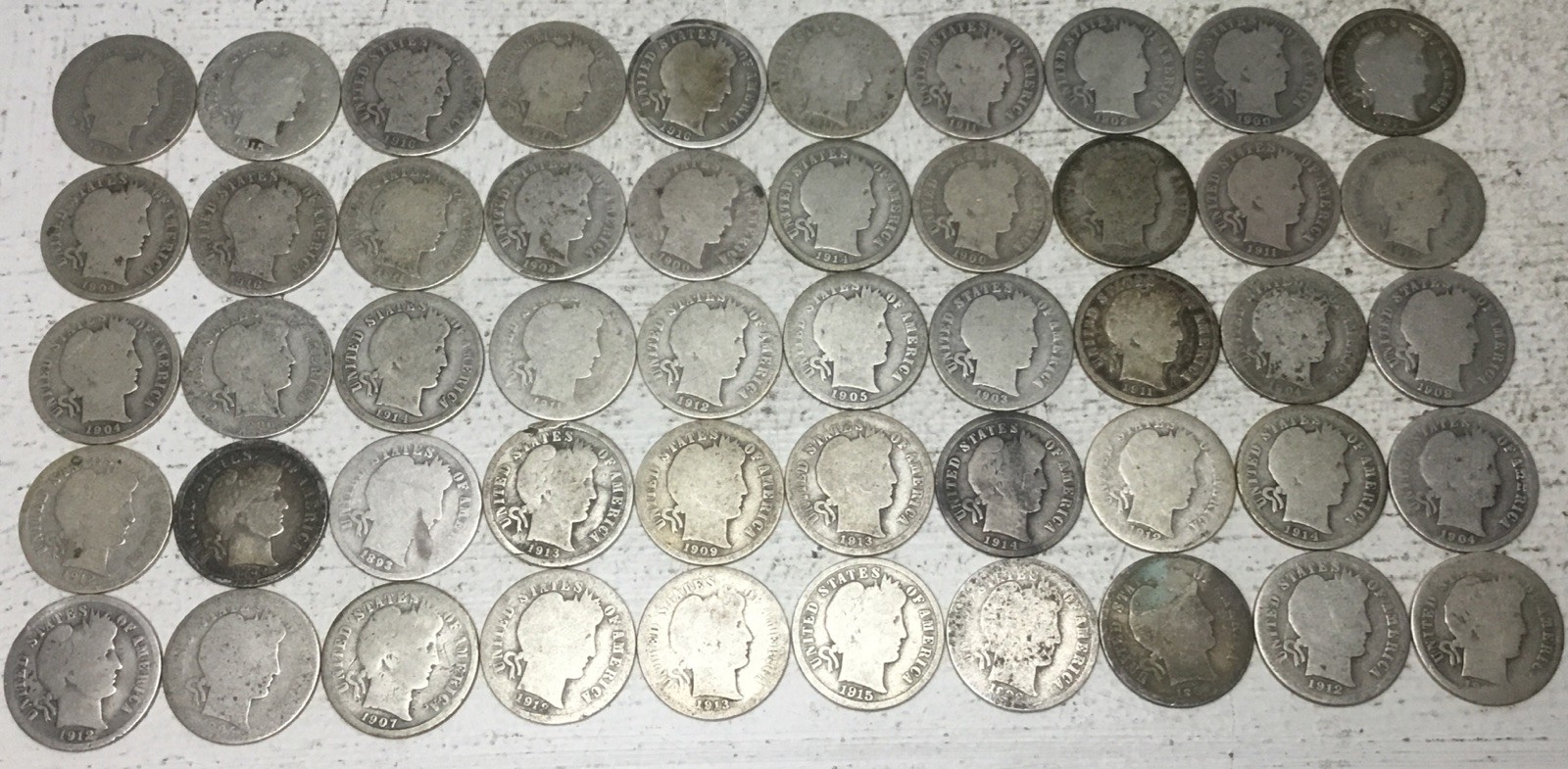 50 Coin Barber Dime Lot 90% Silver Cull Slick $5 Face Liberty Roll S