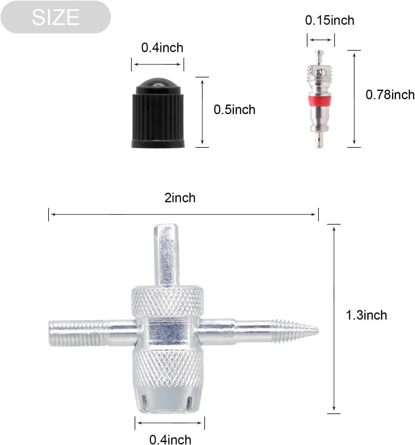Universal Valve Stem Tool Set - 20 Valve Cores, 10 Caps & 4-Way Tool Feature
