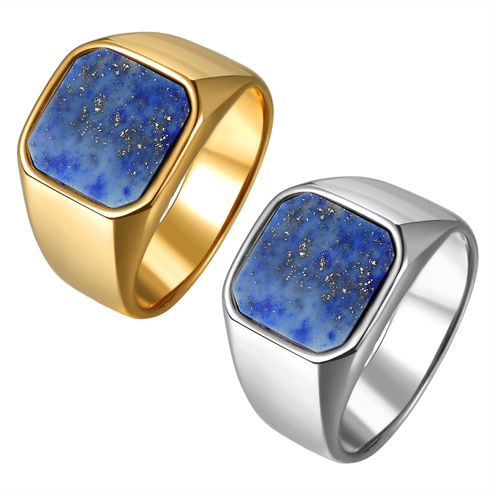 Mens Simple Lapis Lazuli Signet Ring Stainless Steel Fade-Resistant Band Jewelry