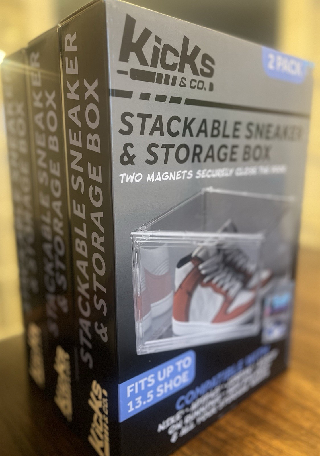 Kicks & Co. Stackable Clear Shoe Storage Box Three 2 Pack Fits Up to 13.5 Shoe