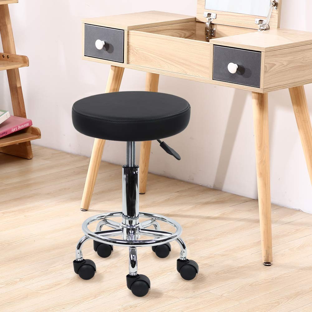 Leather Round Rolling Stool with Foot Rest Swivel Height Adjustment