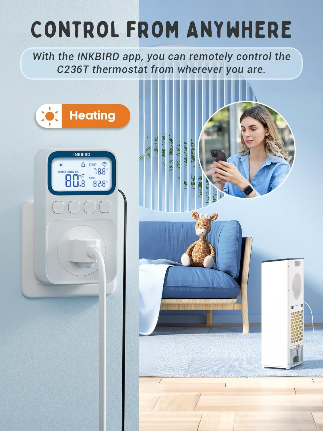 Plug in Thermostat Wifi 1800W 15A Heating Cooling Timer Countdown Mode