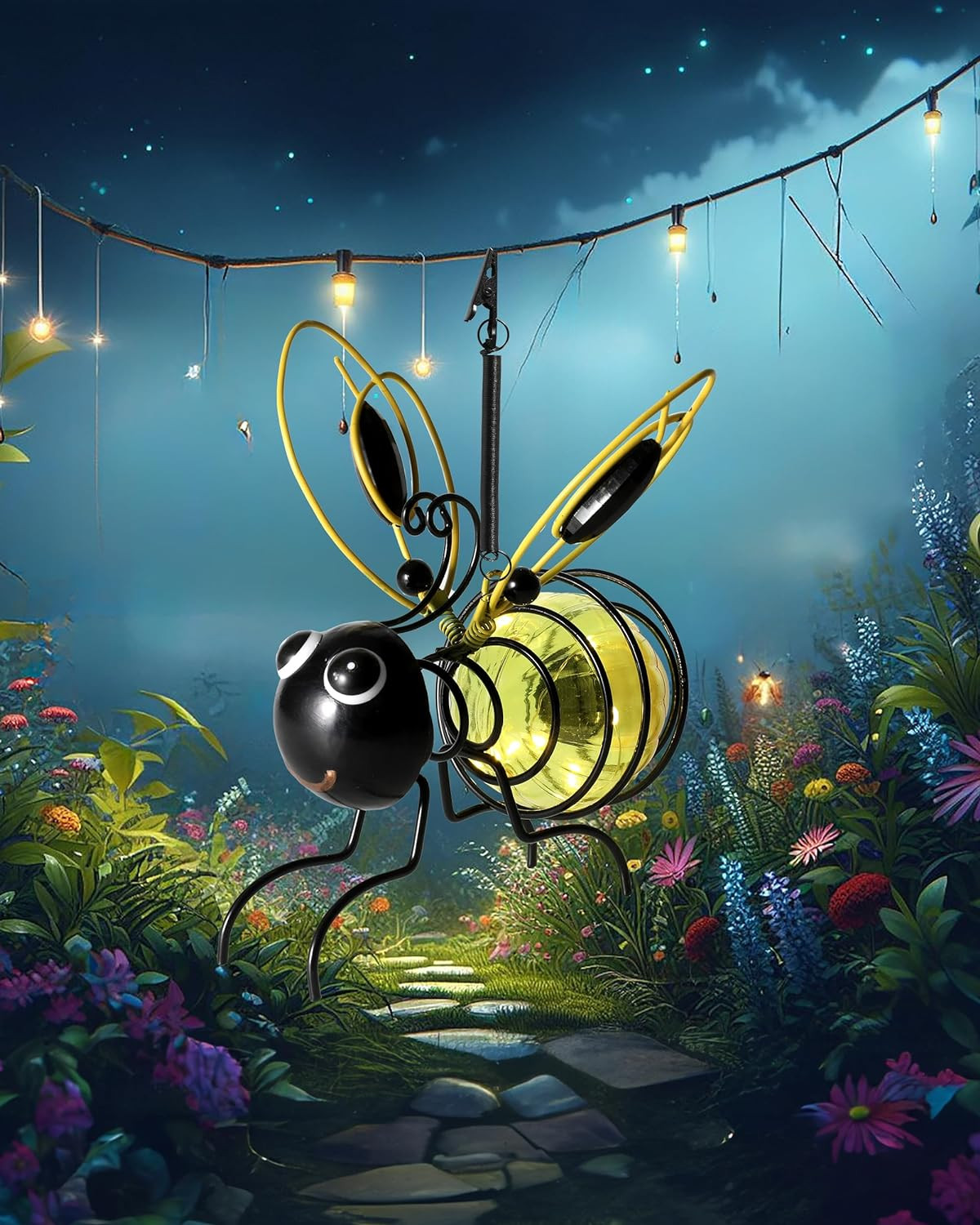 Istatue Solar-Powered Hanging Bee Light - Metal LED outside Bugs with Bouncy Spr